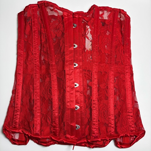 FINAL PRICE! Red Lace Corset Romantic Glam Lace Up Waist Cincher Size Large - Picture 7 of 16